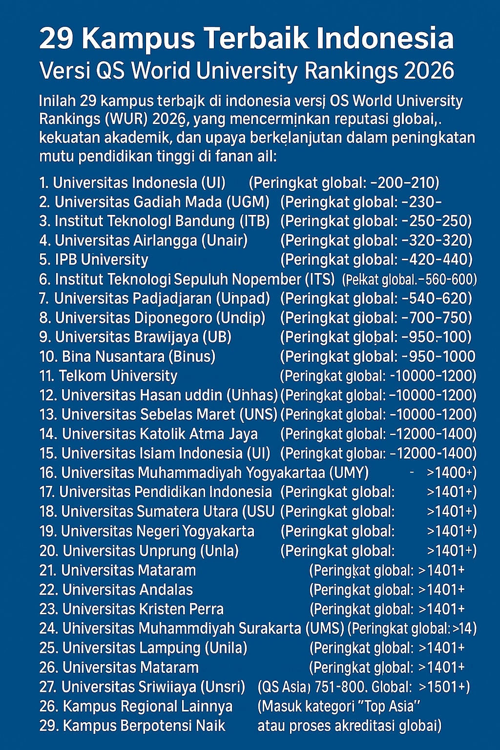 25 Universitas Terbaik di Dunia Versi THE WUR 2026